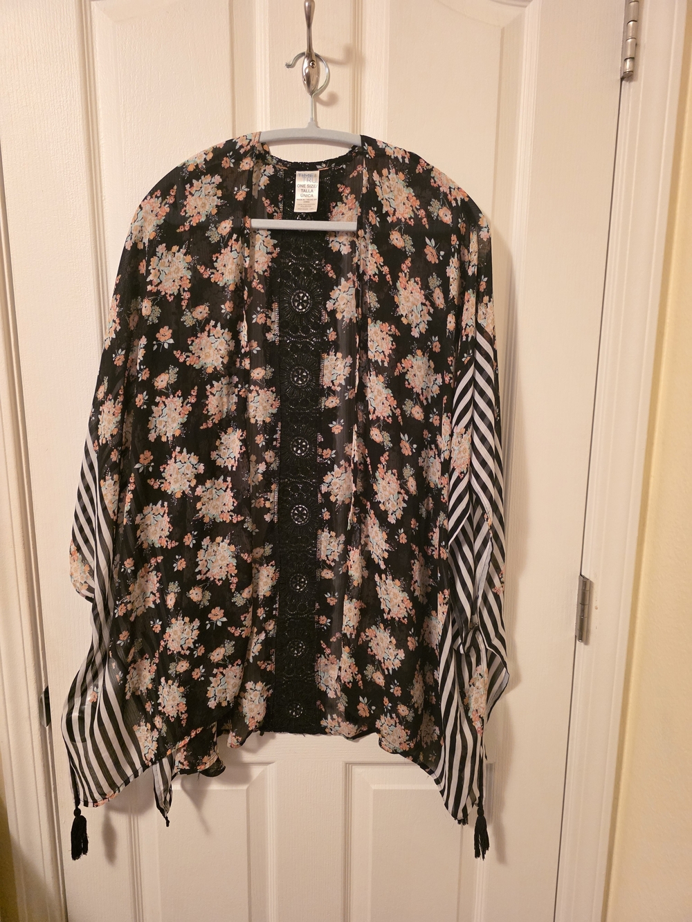 Time and Tru Black Floral Kimono with Striped Sleeve Accents